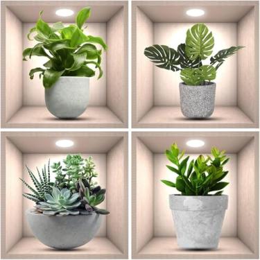 Imagem de 4 Peças Adesivos de Parede Plantas Verdes 3D Artesanato Criativo Botânica DIY Decoração Mural para Sala Estar Quarto Cozinha