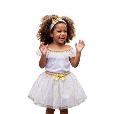 Imagem de Fantasia baiana Infantil Branca/com Dourado, roupa de Festa para Meninas, Traje de Carnaval com Headband, Roupa Temática para Eventos - Tam P 4 anos