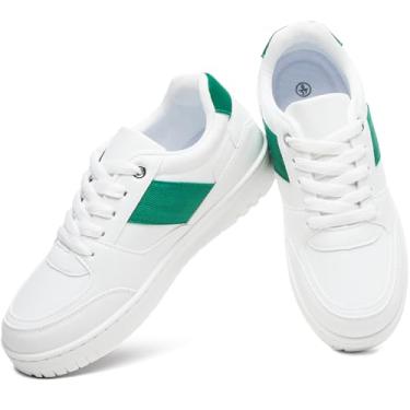 Imagem de Eydram Tênis feminino branco de couro sintético com cadarço plataforma para mulheres, tênis casuais de cano baixo, Branco, verde, 38