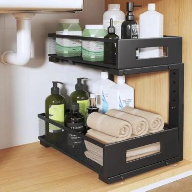 Imagem de Organizador sob a pia, gavetas organizadoras duplas de 2 camadas com trilho circular liso, prateleiras deslizantes de malha metálica de grande capacidade para armazenamento de banheiro e cozinha