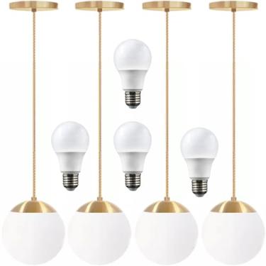 Imagem de Gimpo, 4 x Luminárias Lustre Pendente 215cm Jabuticaba Globo Vidro 15cm Teto Gimpo PJ15 + 4 Lâmpadas 9W COR:DOURADA