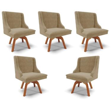 Imagem de Kit 5 Cadeiras Decorativas Sala De Jantar Base Giratória De Madeira Firenze Suede Nude/natural G19 - Gran Belo