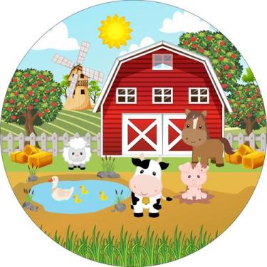 Imagem de Painel de Tecido Sublimado Redondo Fazendinha e Celeiro Animais Reunid