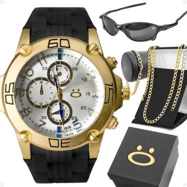 Imagem de Relógio Masculino Aço + Óculos Sol + Pulseira Cordão + Caixa