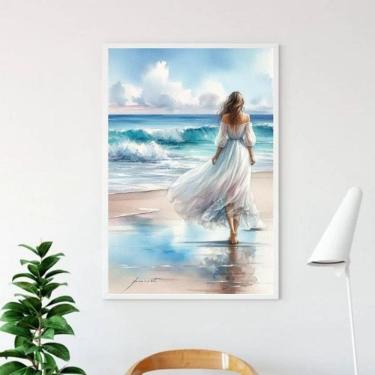 Imagem de Quadro Mulher Caminhando Praia Aquarela 33X24Cm