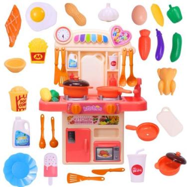 Imagem de Kit Mini Cozinha Fogão Solta Água e Som Rosa 33 peças Castela