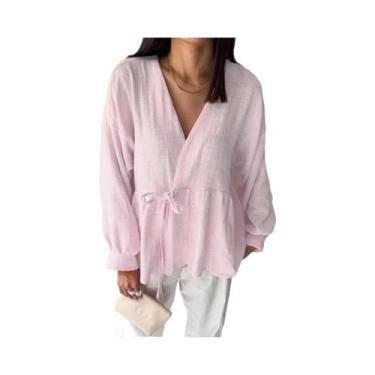 Imagem de Camisa Feminina De Manga Longa Com Laço E Detalhe Envolvente, Estilo O