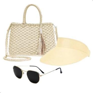 Imagem de Kit Bolsa de Palha Feminina + Viseira Solar e Óculos de Sol Para Praia Moda Verão-Feminino