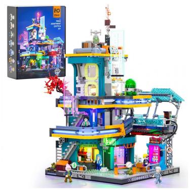 Imagem de Kit Montagem FUNWHOLE Cyberpunk Mansion Modular Branco com Iluminação LED, 2524 Peças, Sistema Único USB, Modelo F9042