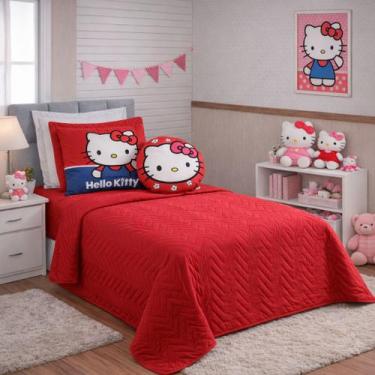Imagem de Kit Hello Kitty Cobre Leito Solteiro Face Unica 4 peças Decoração Quar