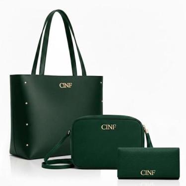 Imagem de Bolsa Feminina Kit 3 Sacola Grande Transversal e Carteira - CINF, Verd