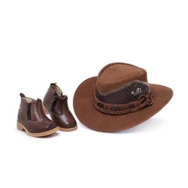 Imagem de Kit Botina Infantil Country Conforto Antiderrapante + Chapéu Em Couro Agro Forrado-Masc...