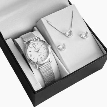 Imagem de Kit Relógio Feminino Prata Prova D'água + Colar E Brincos Pr - Congrat