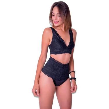 Imagem de Calcinha Cós Alto Modeladora Renda Fio Dental Biobela 1613F, Preto, G