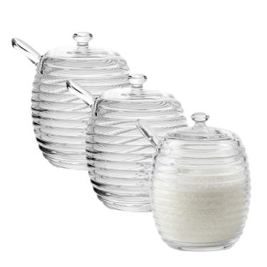 Imagem de Kit 3 Açucareiro de Cristal Colmeia com Colher e Tampa Porta Açúcar 210ML Transparente Lyor