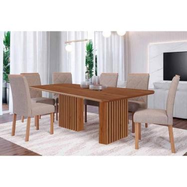 Imagem de Conjunto de Jantar Ester 6 Lugares Tampo Madeirado com Cadeiras Estofadas Cinamomo Carvalho Linho Bege 180x90cm Cimol