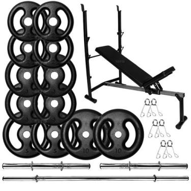 Imagem de Kit Musculação 50Kg Anilhas com Barras de 40cm e 1,50m + Banco Supino 