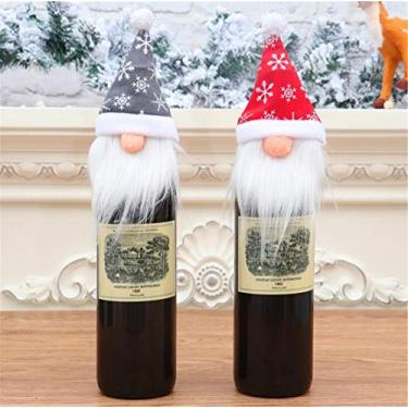 Imagem de Capa superior para garrafa de vinho Gnomo, boneca de Natal, Papai Noel, garrafa de pelúcia, manga champanhe, bolsa de decoração sazonal para hotel, restaurante, festa de férias (vermelho + cinza)
