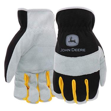 Imagem de West Chester John Deere JD86020-L Split Cowhide Palm Gloves – Yellow/Grey/Black, Large Spandex Back Gloves with Shirred Elastic Wrists