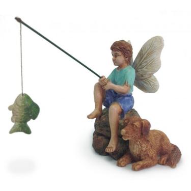 Imagem de "Pesca em miniatura" Fada jardim menino pesca com estatueta de cachorro