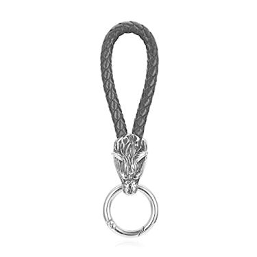Imagem de BOPREINA Chaveiro masculino preto de couro genuíno nórdico viking cabeça de lobo aço inoxidável vintage nórdico viking Mjolnir chaveiro pingente de amuleto de lobo celta símbolo pagão chaveiro,