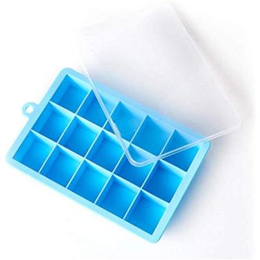 Imagem de Bandejas de cubo de gelo com tampa moldes de bandeja de gelo de silicone fácil liberação molde para fazer pudim de geleia de gelo 15 cavidades branco-azul atualizado