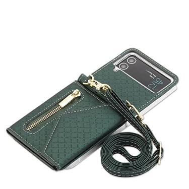 Imagem de Capa de celular transversal para Samsung Galaxy Z Flip 4 5G Flip4 Geométrico Compartimento para cartões de crédito Capa traseira de couro com cordão, verde, para Galaxy Z Flip4 5G