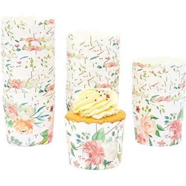 Imagem de Pacote com 50 formas florais de cupcake para casamento, copos de papel de flor em aquarela e forros de muffins para festa de chá (5 x 7 cm)