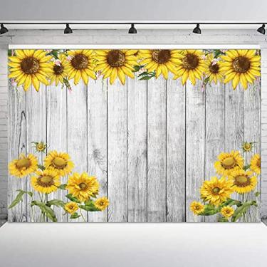 Imagem de HVEST Cenários de girassol para sessão de fotos, tecido de 2,1 x 1,5 m, fundo de madeira rústica para primavera, chá de bebê, faixa de festa de aniversário para estúdio fotográfico e decoração de fotografia