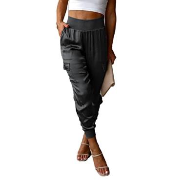 Imagem de Calças de Corrida de Cetim na do Tornozelo, Streetwear Feminina Calças de Corrida de Cetim Afuniladas Moda Feminina para Compras (L)