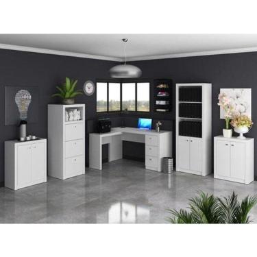 Imagem de Escritório Completo com Mesa em L, Armário 2 Portas, Gaveteiro e 2 Balcões Espresso Móveis Branco
