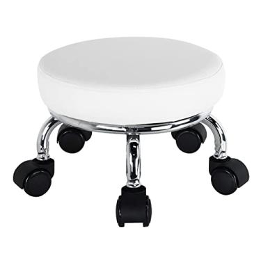 Imagem de WKWKER Assento de rolo moderno de couro PU baixo redondo banco giratório pequeno de 360° com rodas universais banco de pé para casa, escritório, garagem, loja, fitness, esporte H: 21,7 cm (branco)