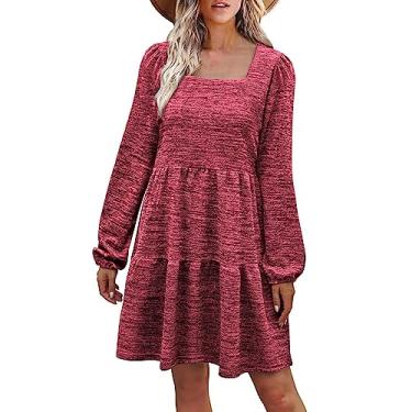 Imagem de Vestido feminino para outono e inverno, vestido de férias, grande, rodado, com babados, vestido casual, Vermelho, M