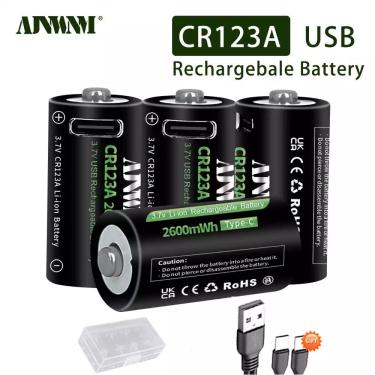 Imagem de Ajnwnm cr123a 16340 bateria recarregável 3.7v 2600mwh 16350 lítio tipo-c usb bateria recarregável