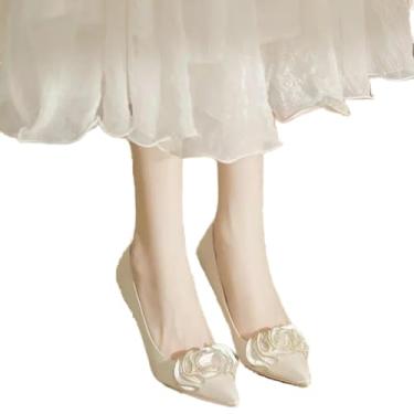 Imagem de ZIRIA Sapatos de noiva de salto fino com flores de seda para champanhe vermelho salto alto sapato feminino slip-on bico fino sapatos de casamento, Bege, 34