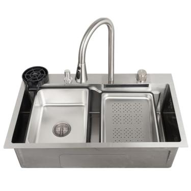 Imagem de Cuba Cascata Gourmet Premium Aço Inox 304 com Válvula, Dispenser, Torneira, Cifão, Cestos, Tábua e Lavador Copos ICB18