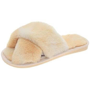 Imagem de Chinelos de pelúcia felpuda faixa cruzada leve macia antiderrapante confortável chinelos quentes respiráveis sandálias para casa, Amarelo 1, One Size