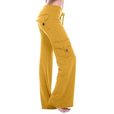 Imagem de BFAFEN Calça cargo feminina com bolsos, perna reta, calças de ioga, cintura ajustável, moda urbana, Calça cargo feminina larga amarela, GG