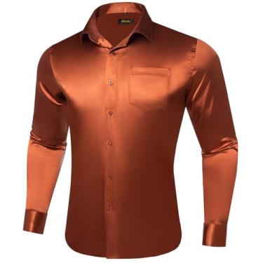 Imagem de DiBanGu Camisa social masculina manga longa cetim liso ajuste regular casual camisa de botão para festa de casamento formal, Cetim marrom, 3G