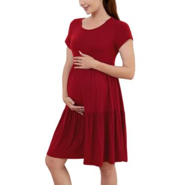 Imagem de PARNIXS Vestido feminino de verão de manga curta para gestantes patchwork roupas de gravidez, Vinho tinto, G