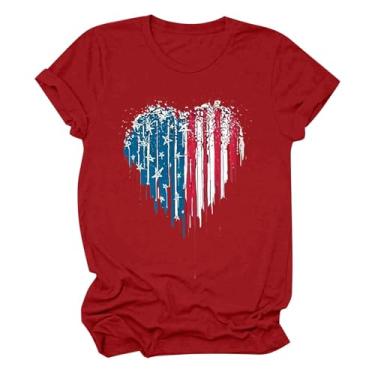 Imagem de Camisetas femininas de 4 de julho com gola redonda e manga curta, dia da independência, estampa Love, Vermelho, GG