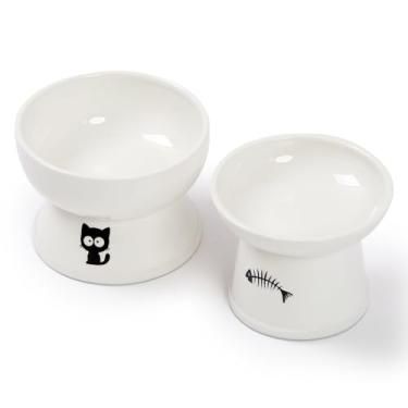 Imagem de Conjunto de tigela de água e comida de gato levantada Foreyy, tigelas de alimentador de gato de cerâmica elevada com faixa antiderrapante, Prato de porcelana para animais de estimação com suporte, sem estresse, prevenção de fluxo de fundo, seguro para lava-louças e micro-ondas