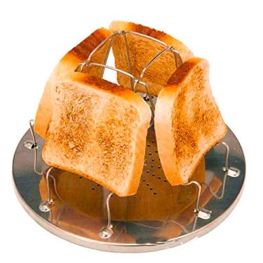 Imagem de Bandeja dobrável para acampamento de aço inoxidável com 4 fatias de tostadeira, bandeja para cozinhar café da manhã, 4 torradas, suporte para pão para churrasco, festa, caminhadas, acampamento, pesca, piquenique