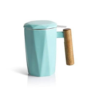Imagem de Sweejar Copo infusor de chá de cerâmica com tampa, xícara de chá com cabo de madeira com coadores para chá de folhas soltas, caneca de café com formato geométrico, caneca de infusão de chá com