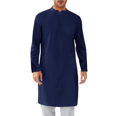 Imagem de Runcati Camisa masculina Kaftan Thobe com botões Henley manga longa casual algodão linho camisa vestido muçulmano, Azul marino, GG