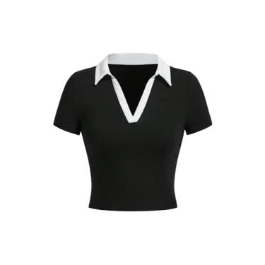 Imagem de COZYEASE Blusa cropped feminina colorida com gola redonda estilo preppy gola V slim fit camiseta básica, Preto e branco, PP