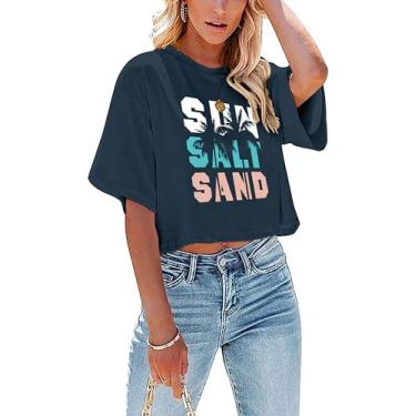Imagem de CAZYCHILD Camisetas havaianas femininas para sol, sal e areia, coqueiro, verão, praia, estampado, camiseta cropped casual, Azul-escuro, GG