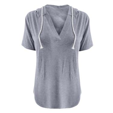 Imagem de Camiseta feminina plus size verão gola V esportiva solta com capuz manga curta túnica longa, Gy1, M