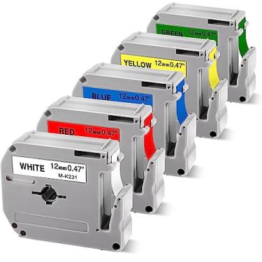 Imagem de Reposição de fita de etiqueta compatível com cores para Brother P-Touch M Fita 12 mm MK231 MK431 MK531 MK631 MK731 (branco/vermelho/azul/amarelo/verde) para Brother PT-70BM PT-M95 PT-65, 1/2 pol. x 26,2 pés, pacote com 5