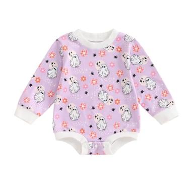 Imagem de FOCUSNORM Roupas de Halloween para bebês recém-nascidas, manga comprida, gola redonda, estampa de fantasma/abóbora, roupas infantis de outono e inverno, Roxa, 3-6 Meses